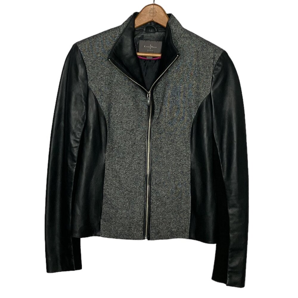 Cole Haan Size 6 Gray Black Lambskin Leather Wool Blend Tweed Full Zip Jacket